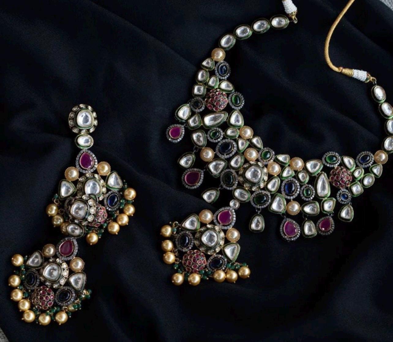 Sabyasachi Inspired Premium Victorian Fusion Uncut Polki Kundan Ruby Emerald Sapphire Pearl Statement Necklace set With Chaandbali Earrings