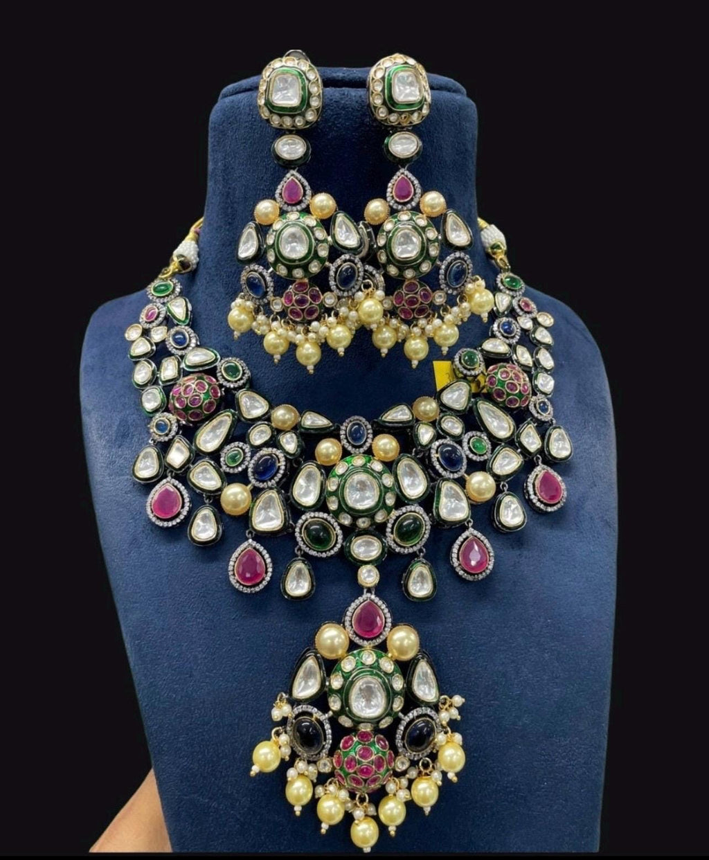 Sabyasachi Inspired Premium Victorian Fusion Uncut Polki Kundan Ruby Emerald Sapphire Pearl Statement Necklace set With Chaandbali Earrings