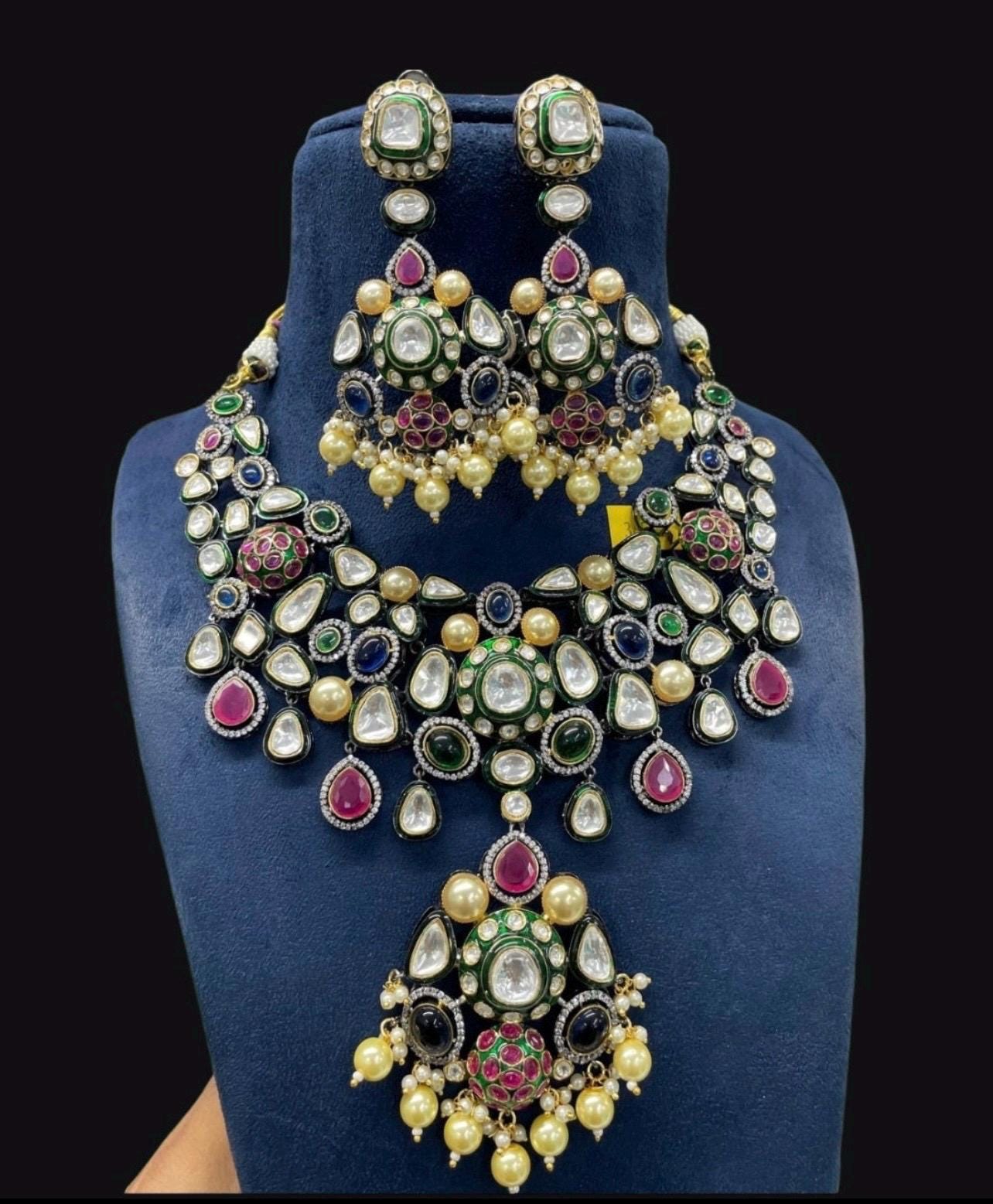 Sabyasachi Inspired Premium Victorian Fusion Uncut Polki Kundan Ruby Emerald Sapphire Pearl Statement Necklace set With Chaandbali Earrings