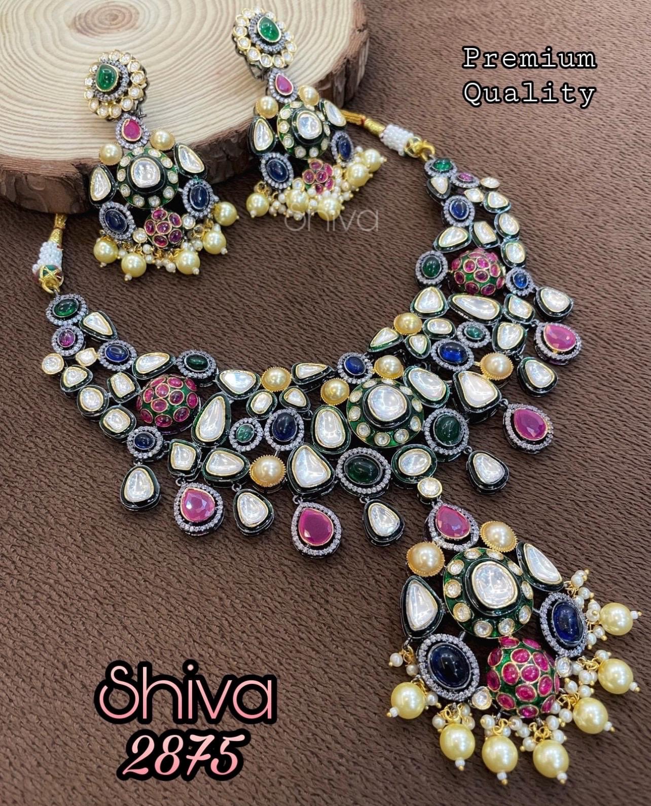 Sabyasachi Inspired Premium Victorian Fusion Uncut Polki Kundan Ruby Emerald Sapphire Pearl Statement Necklace set With Chaandbali Earrings