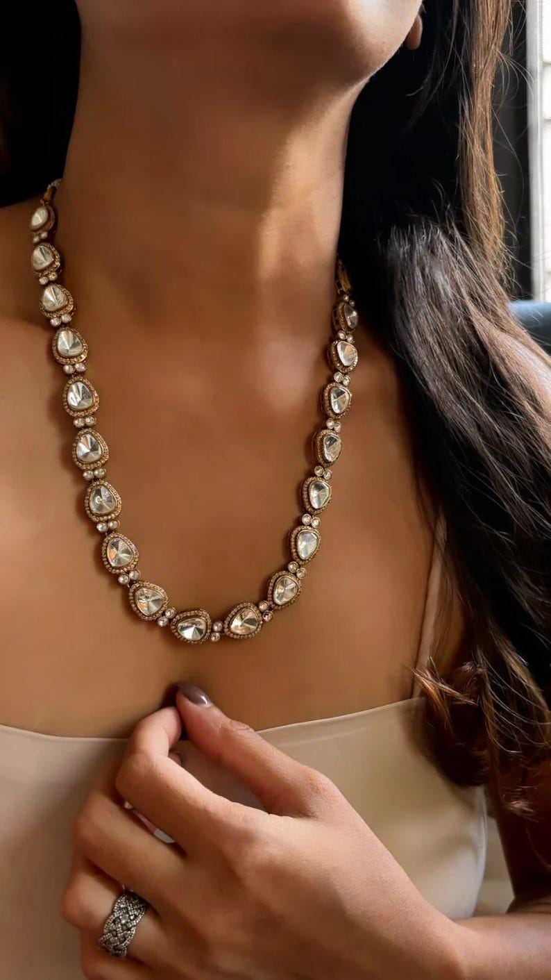Moissanite kundan necklace simple polki set with earrings