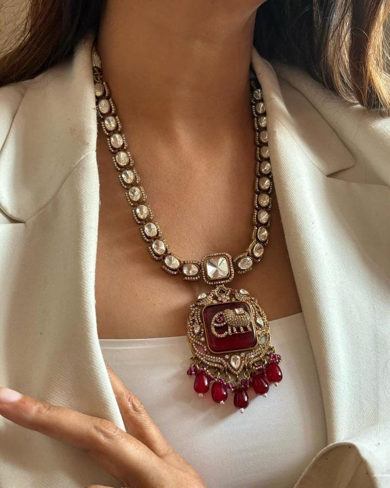 Premium Marroon Amrapali Inspired Elephant Gold Plated Necklace Set with Earrings / Long Victorian Necklace / Amrapali Jewlery