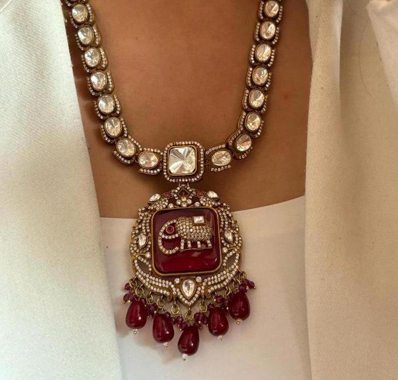 Premium Marroon Amrapali Inspired Elephant Gold Plated Necklace Set with Earrings / Long Victorian Necklace / Amrapali Jewlery