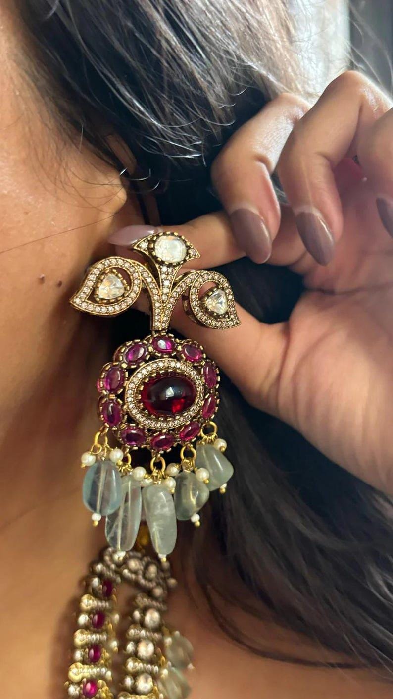 Moissanite ruby and green layered Rani haar polki Uncut Necklace Set/Sabyasachi Inspired Jewelry/Bollywood Jewelry/Statement necklace set