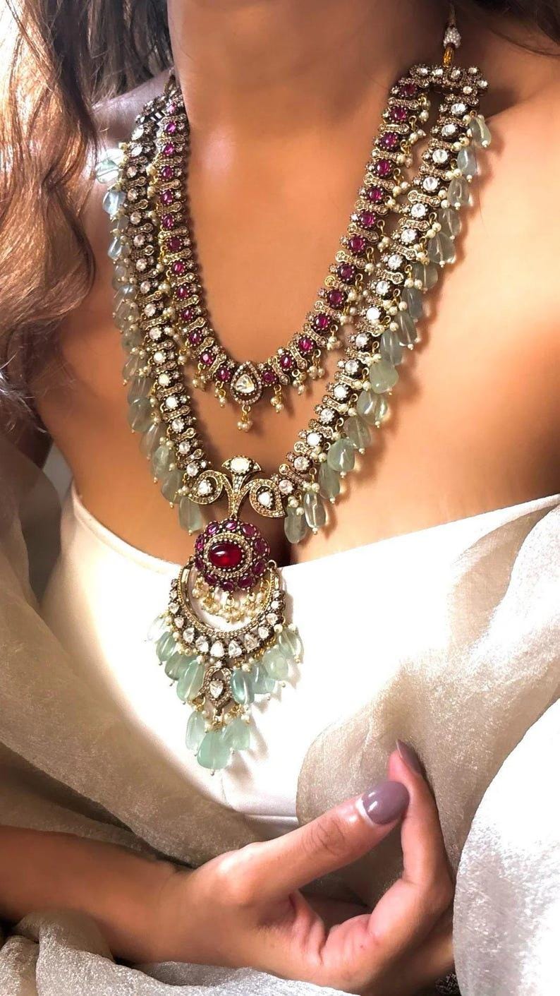 Moissanite ruby and green layered Rani haar polki Uncut Necklace Set/Sabyasachi Inspired Jewelry/Bollywood Jewelry/Statement necklace set