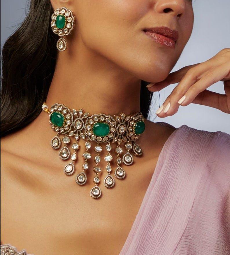 Fine Emerald Green Victorian Kundan Polki Choker jewelry set/ polki necklace set/ uncut kundan necklace