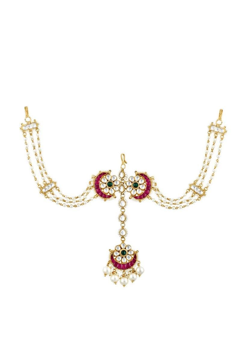 Pink Royal Kundan Sheesh Phool With Freshwater Pearls And Kundan Embellishments/Matha Patti For Bridal/ Indian Hair Jewelry