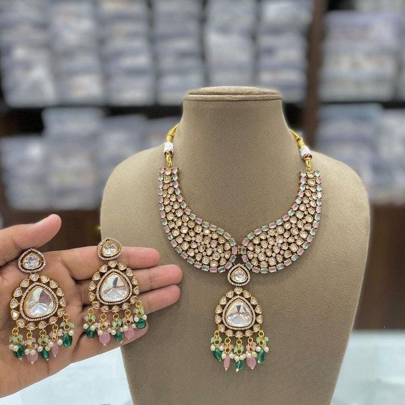 Moissanite Polki Indian Collar Neckalce in Many Colors/Bolloywood Jewelry/Indian Polki Jewelry
