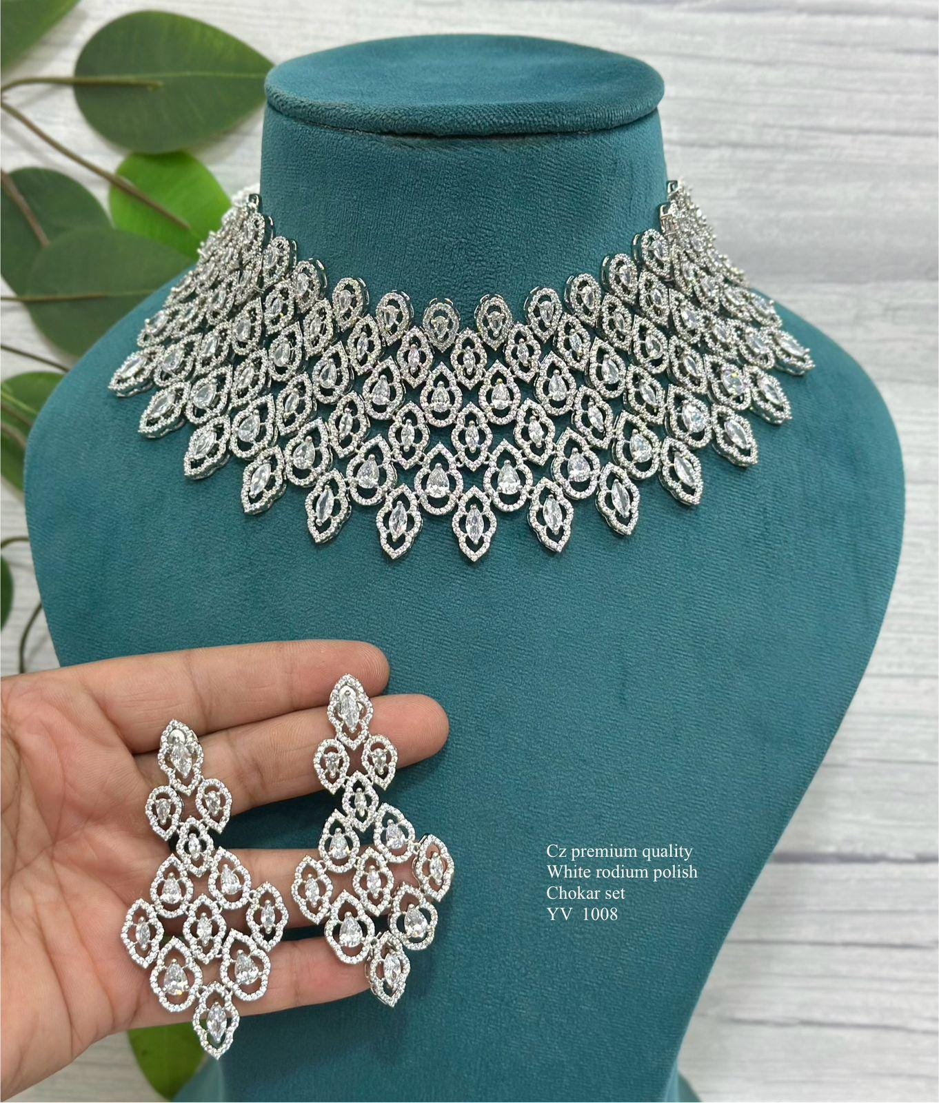 Silver plated american diamond necklace set with earrings/ad necklace