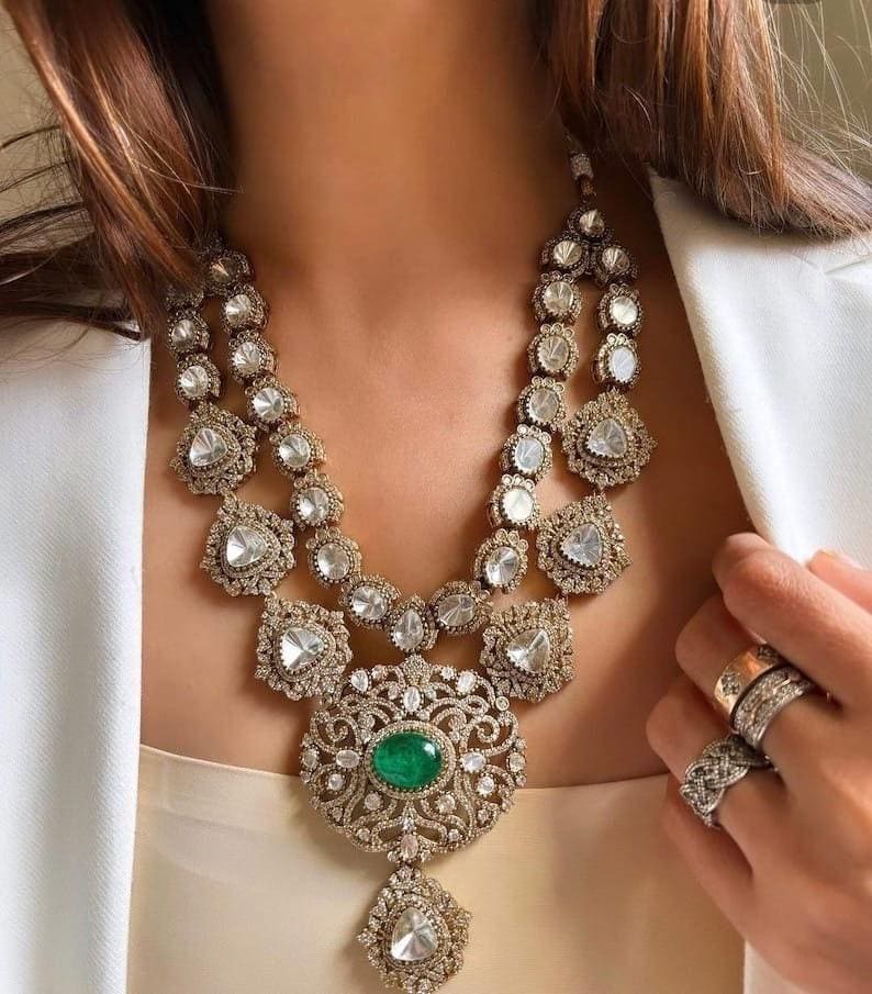 Victorian 2 layer necklace set stunned with doublets and polki stones , earrings and tikka