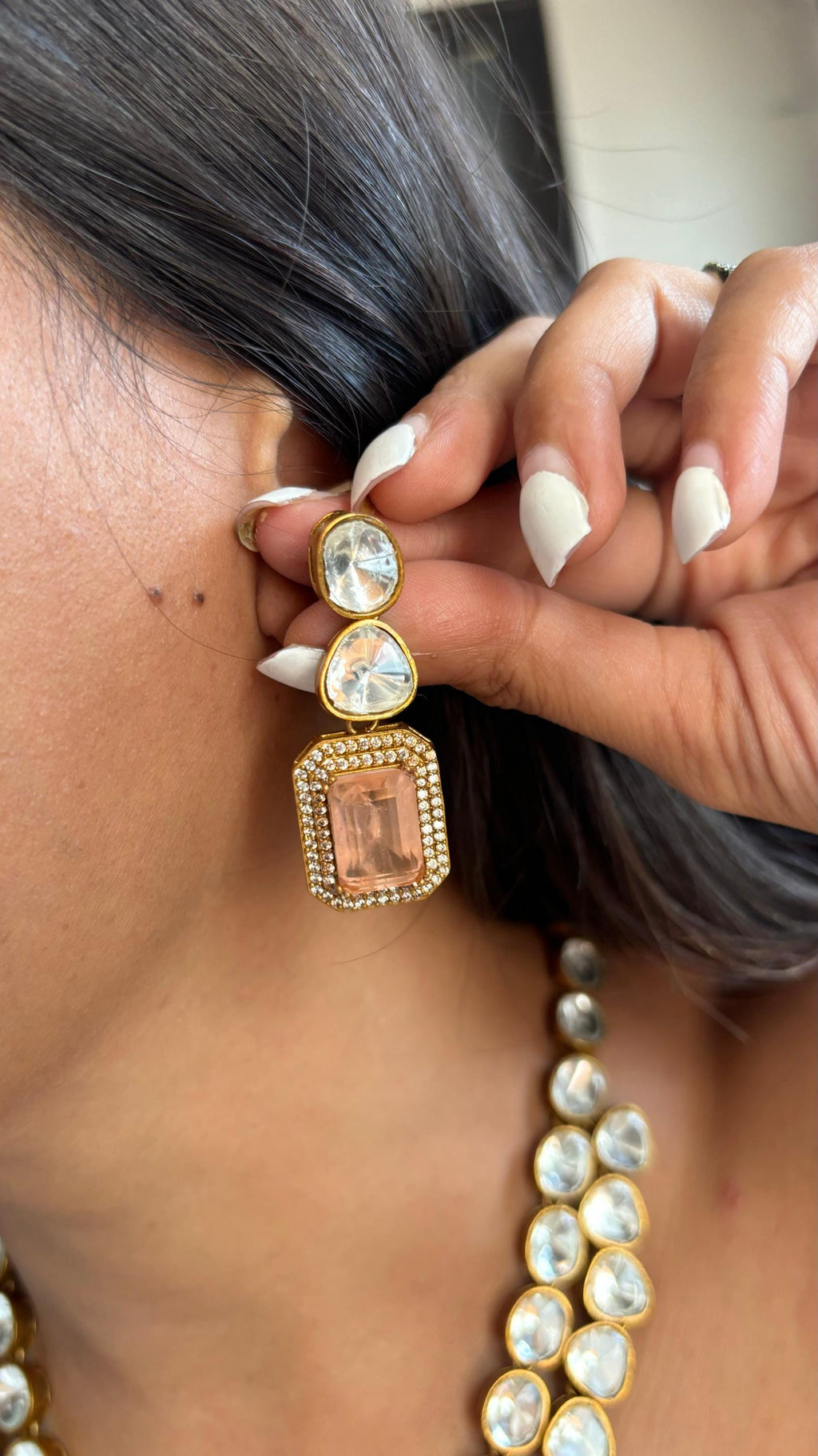 Peach Orange Uncut Polki Indian Necklace Set/Indian Jewelry/Pendent Set/Long Necklace/Bridal Necklace/Indian Wedding