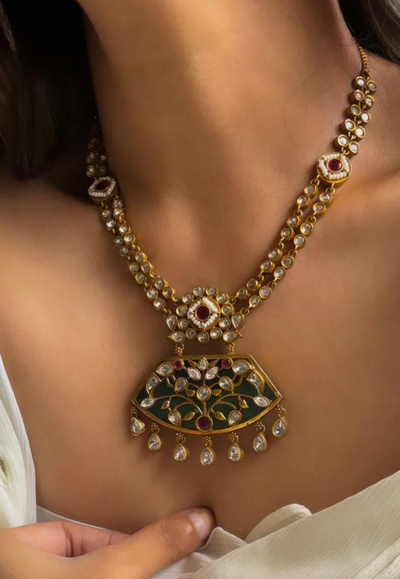 indian Amrapali Jewelry Inspired Peacock Two Layered Uncut Polki Kundan pakistani Pendant Necklace With Earrings Indian Punjabi Jewelry