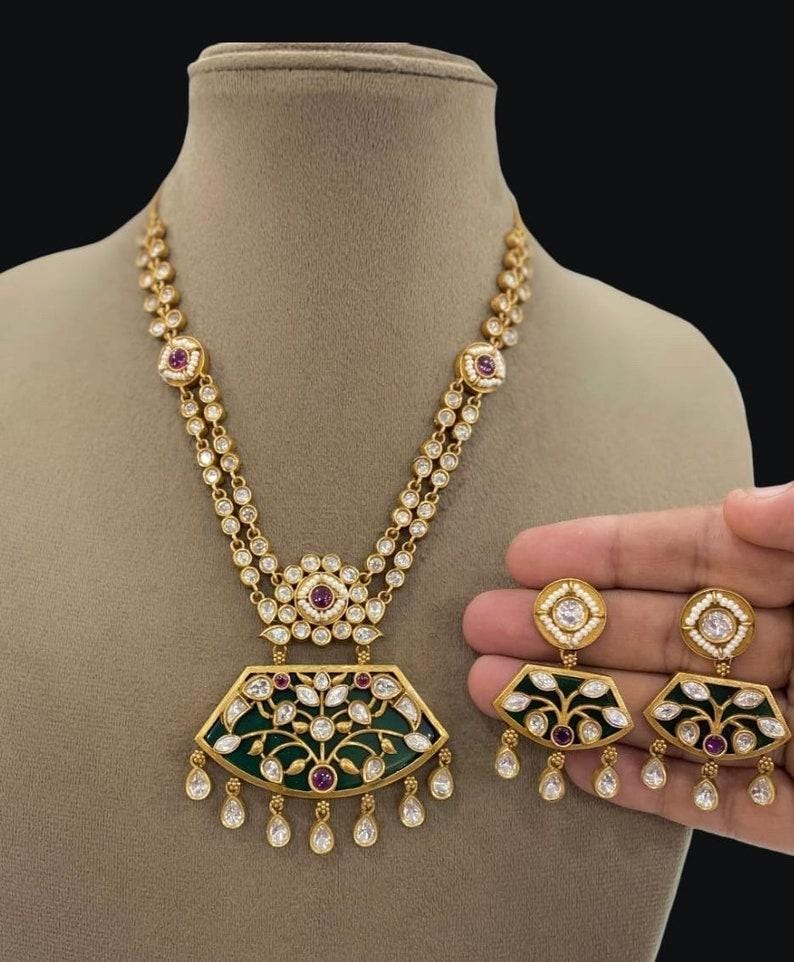 indian Amrapali Jewelry Inspired Peacock Two Layered Uncut Polki Kundan pakistani Pendant Necklace With Earrings Indian Punjabi Jewelry