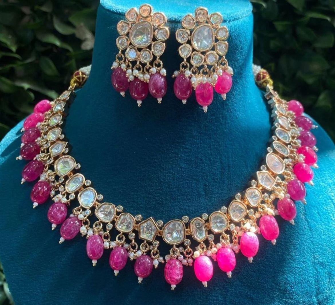 uncut kundan polki elegant necklace set with earrings/ polki necklace set / indian jewelry