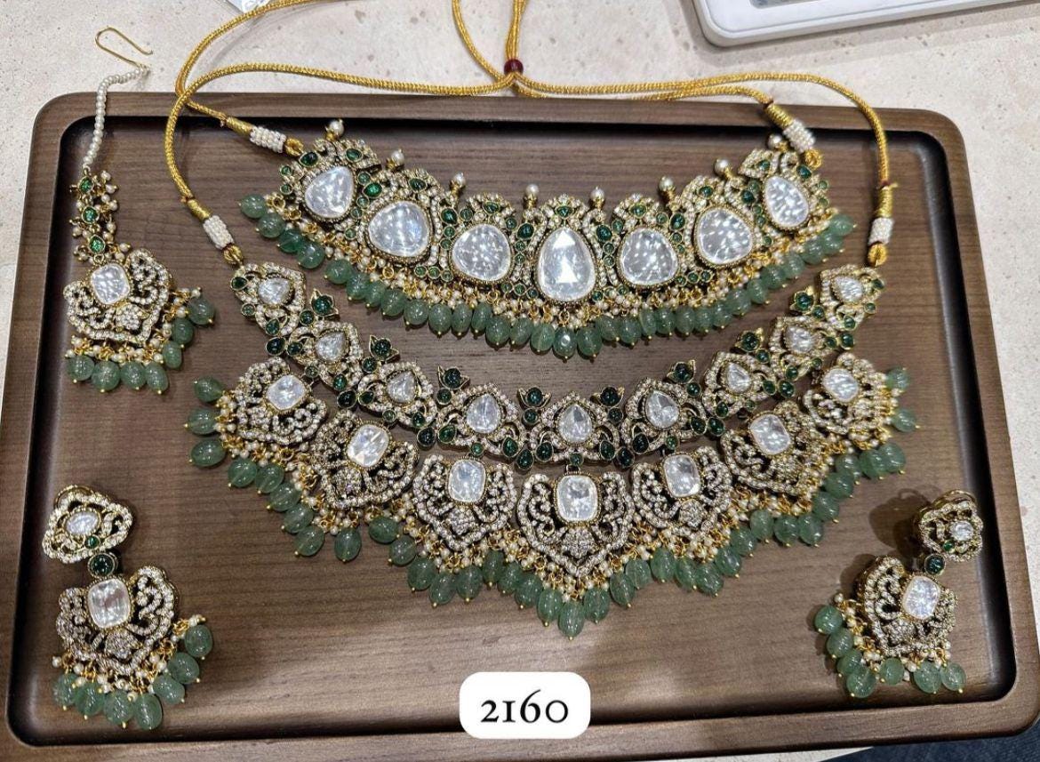 mossanite polki double layer heavy bridal polki necklace set with  earrings and tikka / polki necklace stunned with ad