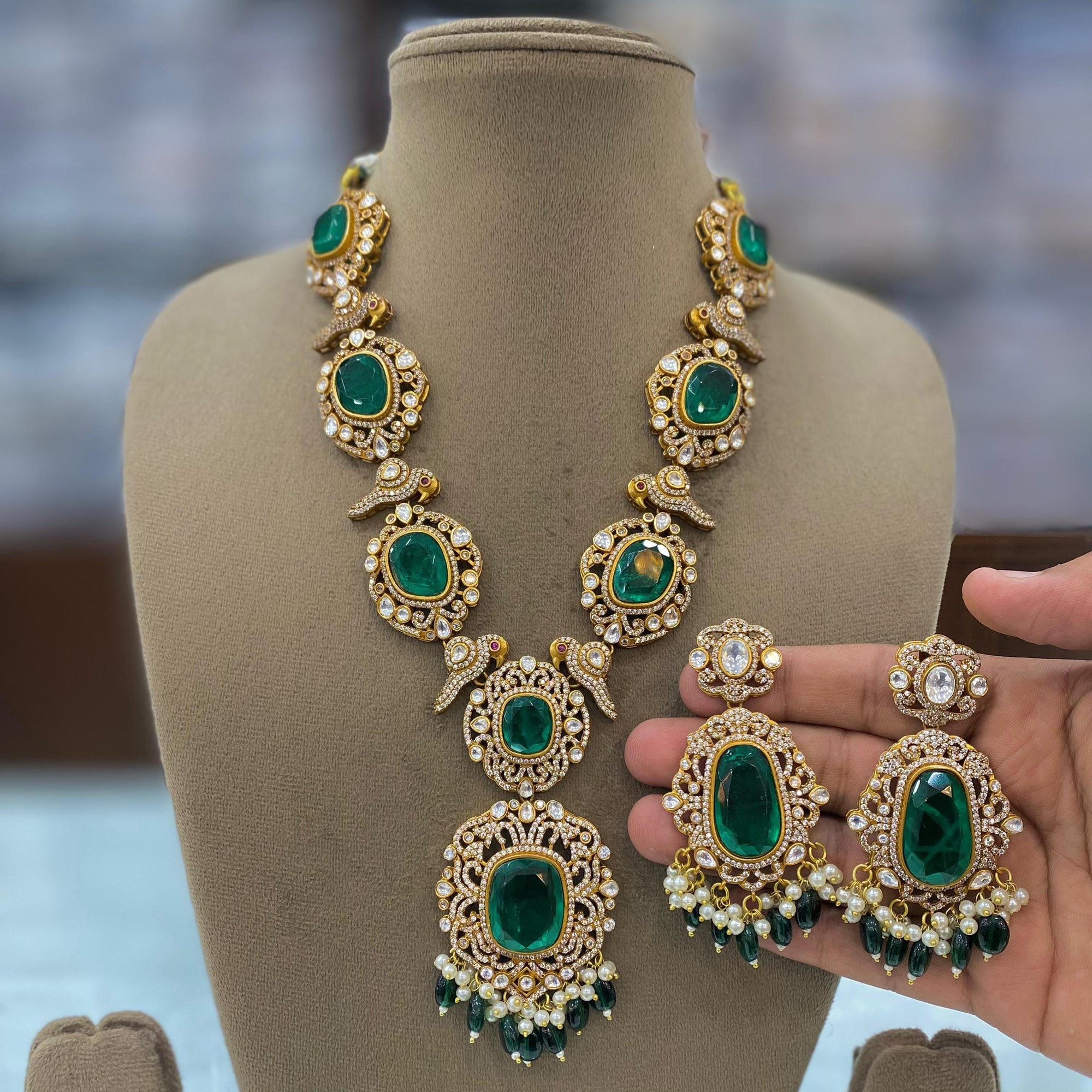 Emerald green Victorian doublets statement long necklace set with earrings/ Victorian necklace set/ sabyasachi jewelry