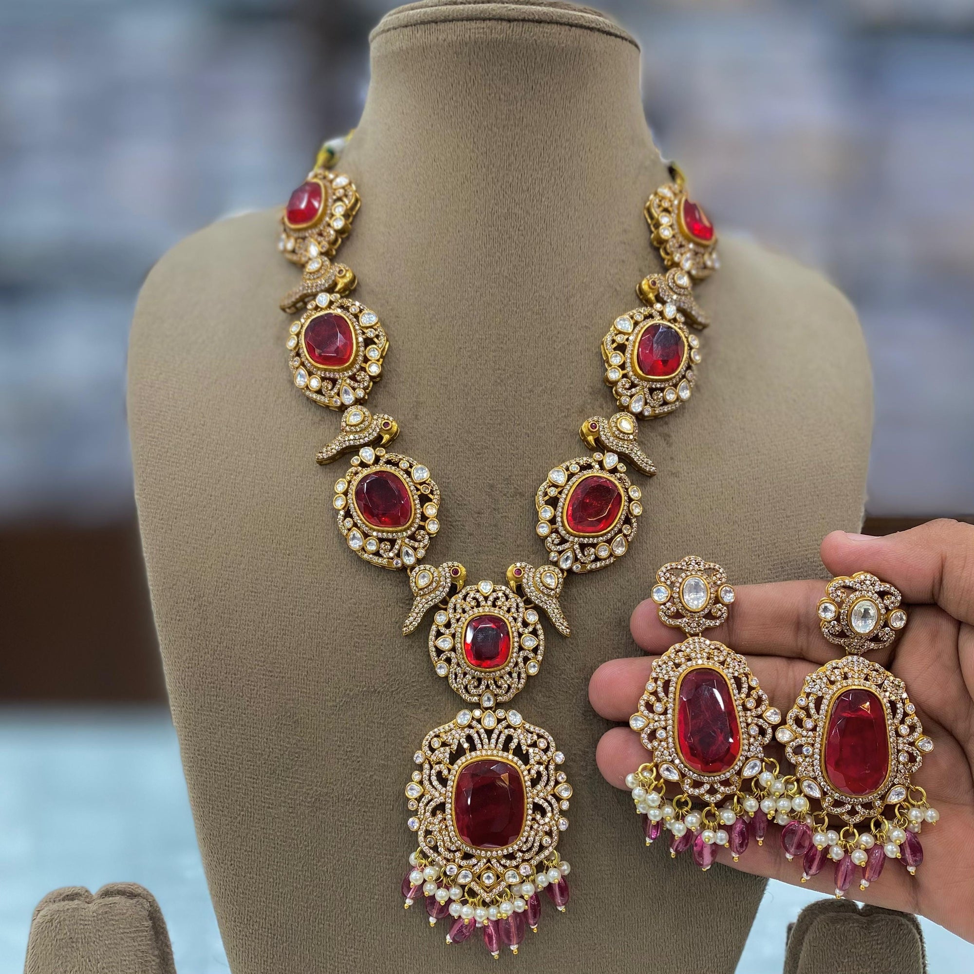 Emerald green Victorian doublets statement long necklace set with earrings/ Victorian necklace set/ sabyasachi jewelry