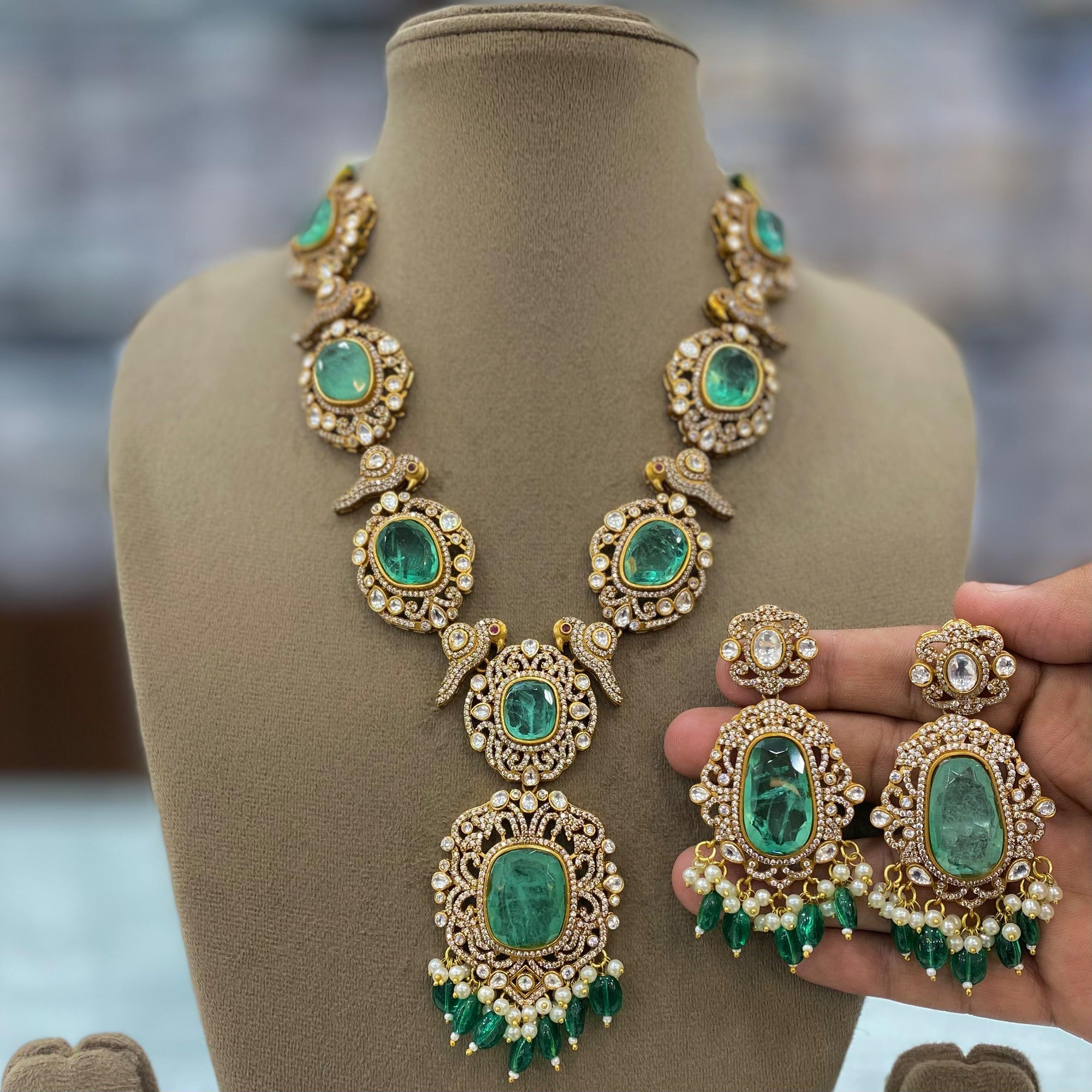 Emerald green Victorian doublets statement long necklace set with earrings/ Victorian necklace set/ sabyasachi jewelry