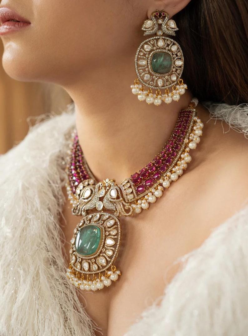 statment jewellery Peacock  Victorian Ruby Pink Light Emerald Green Mint SabyasachiJewelry Necklace With Earrings Wedding Punjabi Jewelr