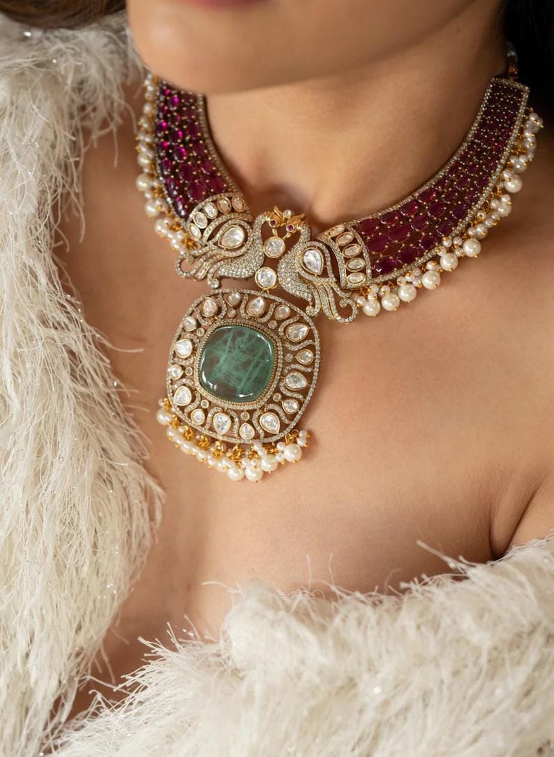 statment jewellery Peacock  Victorian Ruby Pink Light Emerald Green Mint SabyasachiJewelry Necklace With Earrings Wedding Punjabi Jewelr