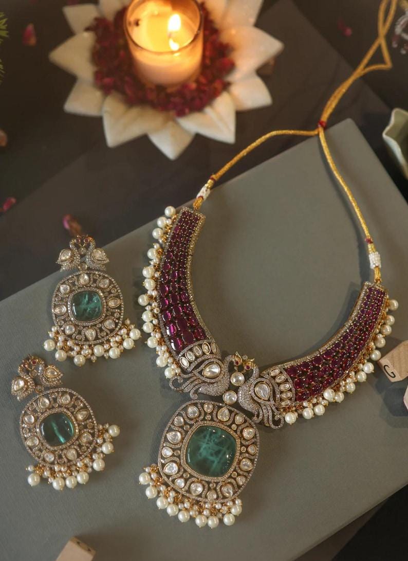 statment jewellery Peacock  Victorian Ruby Pink Light Emerald Green Mint SabyasachiJewelry Necklace With Earrings Wedding Punjabi Jewelr