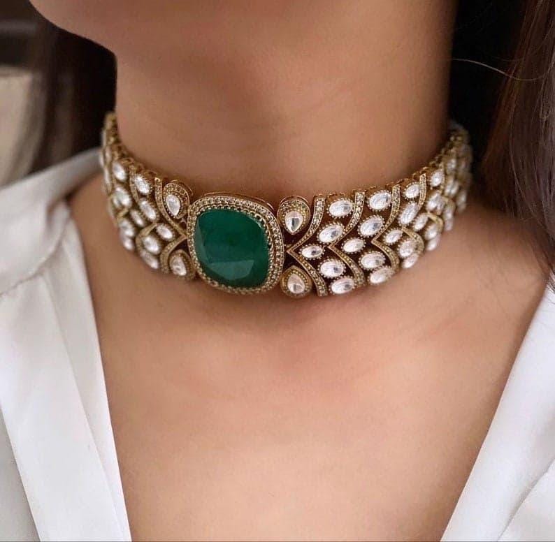 Sabyasachi Victorian Choker pakistani Jewelry emralad gold Sabyasachi Necklace Emerald Indian Choker doublet necklace set indian set