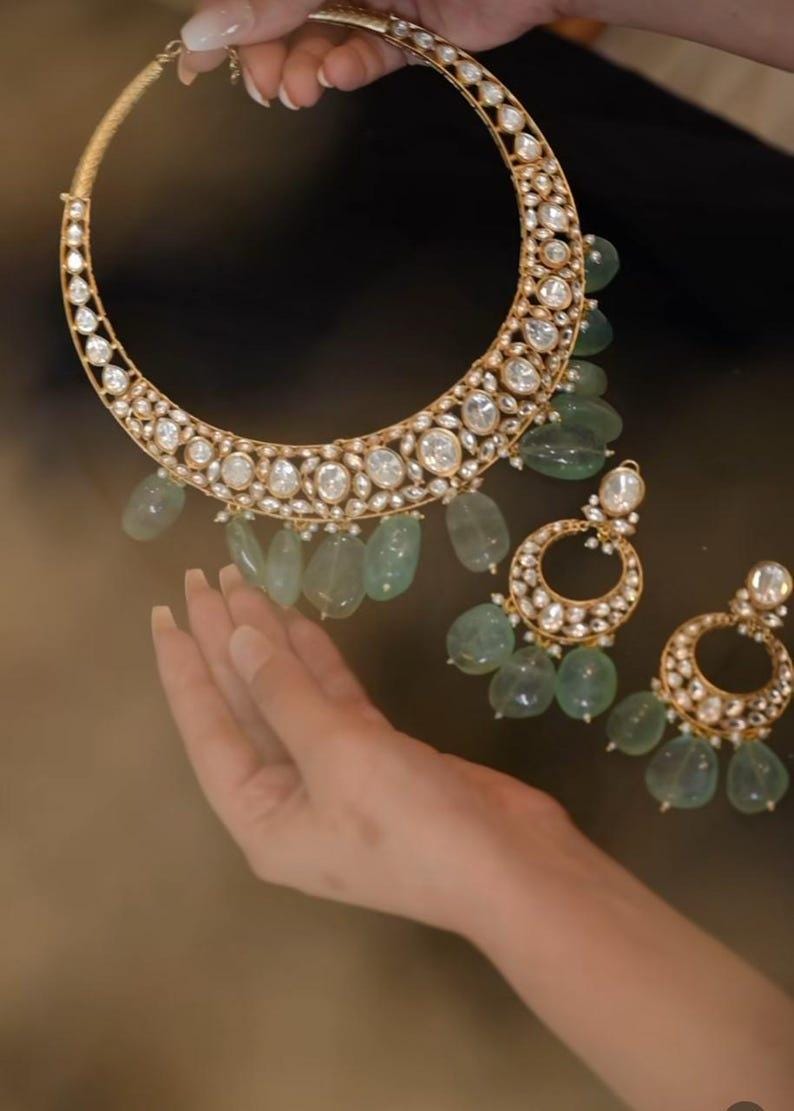 statment inspired polki statement hasli necklace set with earrings/ sabyasachi necklace mossanite set