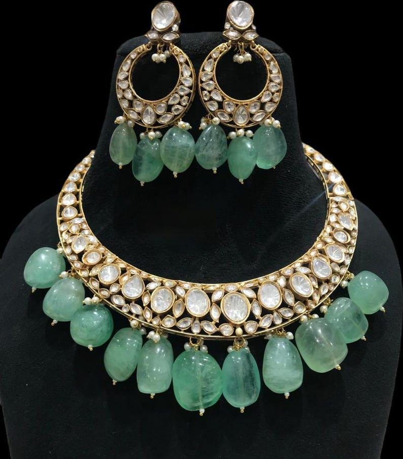 statment inspired polki statement hasli necklace set with earrings/ sabyasachi necklace mossanite set