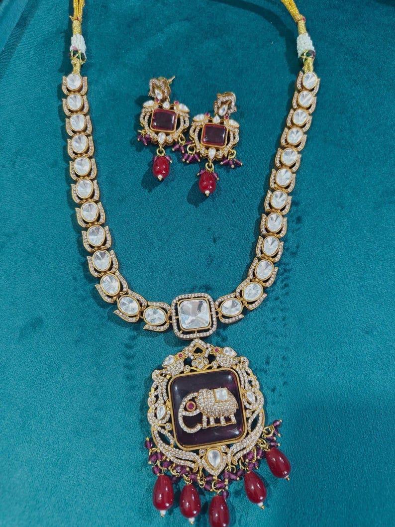 Premium Marroon Amrapali Inspired Elephant Gold Plated Necklace Set with Earrings / Long Victorian Necklace / Amrapali Jewlery