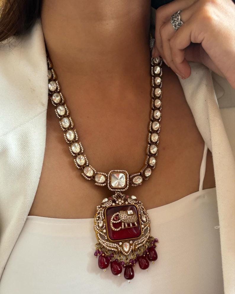Premium Marroon Amrapali Inspired Elephant Gold Plated Necklace Set with Earrings / Long Victorian Necklace / Amrapali Jewlery