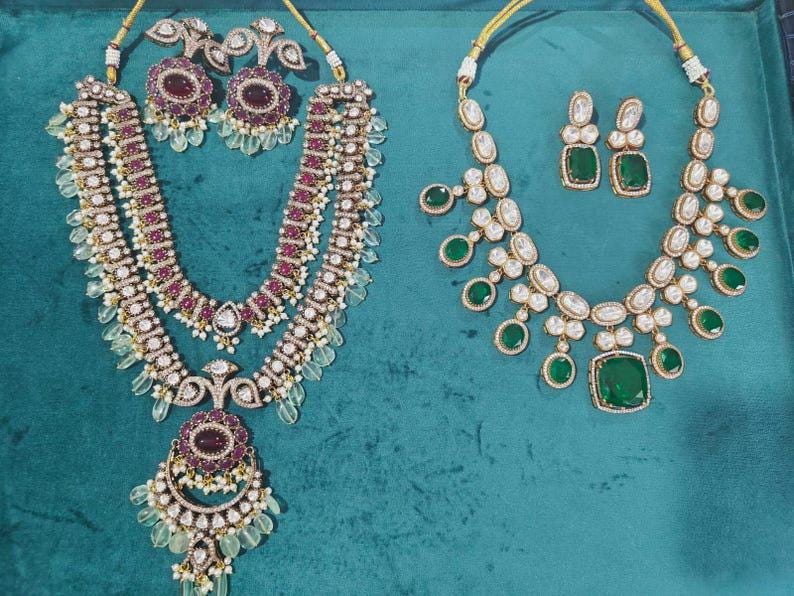 Moissanite ruby and green layered Rani haar polki Uncut Necklace Set/Sabyasachi Inspired Jewelry/Bollywood Jewelry/Statement necklace set