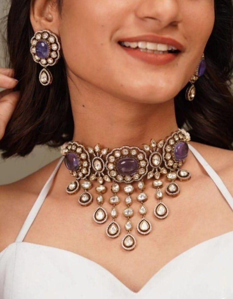 Fine Emerald Green Victorian Kundan Polki Choker jewelry set/ polki necklace set/ uncut kundan necklace