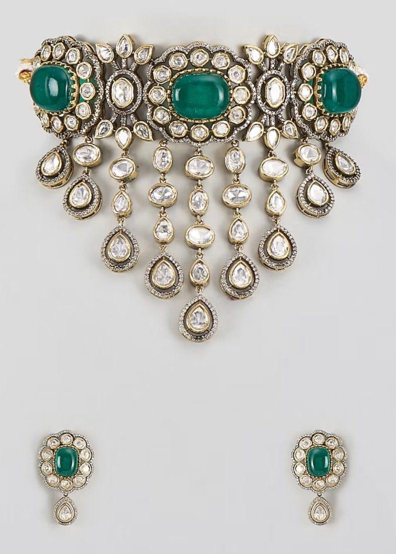 Fine Emerald Green Victorian Kundan Polki Choker jewelry set/ polki necklace set/ uncut kundan necklace