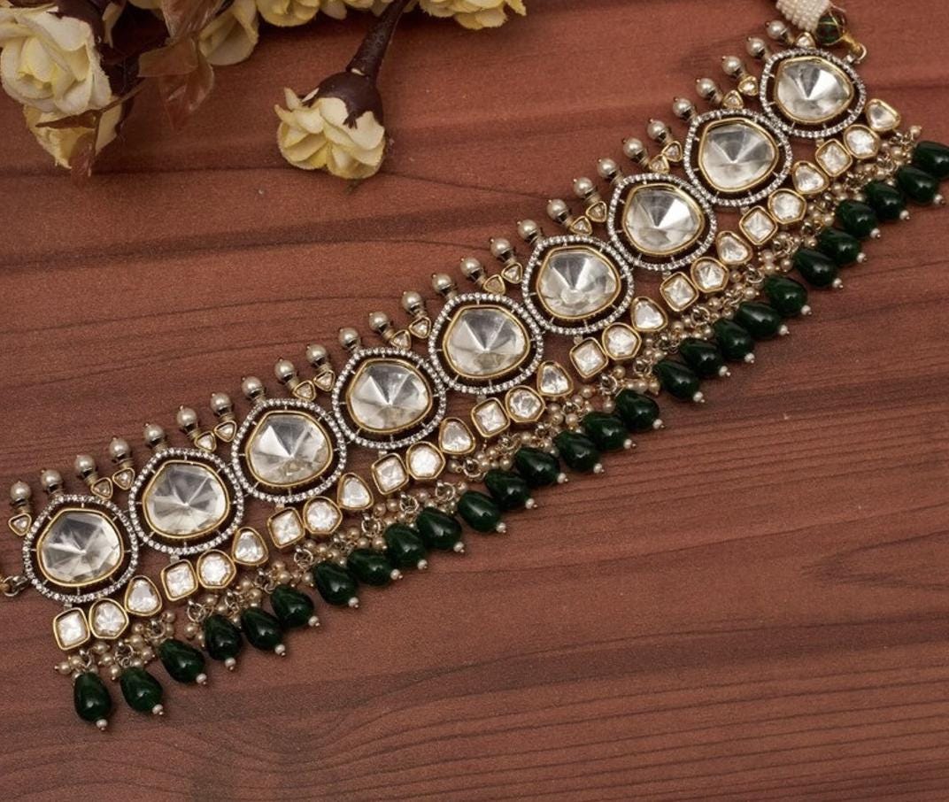 Sabyasachi Inspired  Peal Victorian Uncut Polki Kundan Choker Set/ Artificial Jewelry/Indian Jewelry/Indian Bridal Set/ Green Red White