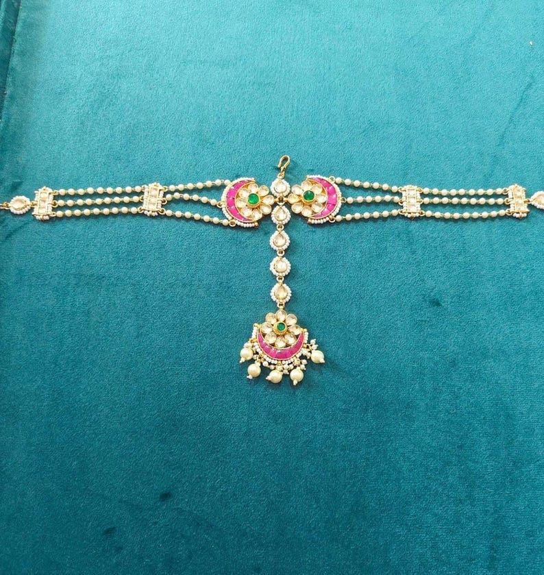 Pink Royal Kundan Sheesh Phool With Freshwater Pearls And Kundan Embellishments/Matha Patti For Bridal/ Indian Hair Jewelry