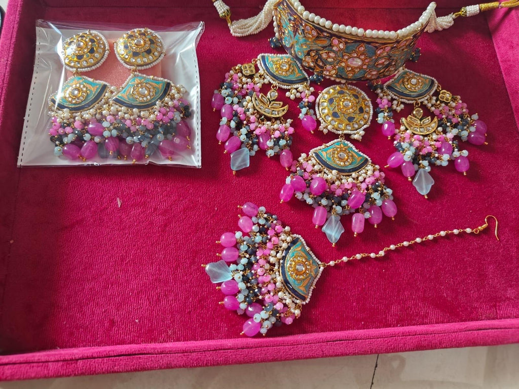 premium kundan meenakari grand necklace set with long earrings and tikka / bridal meenakari necklace set
