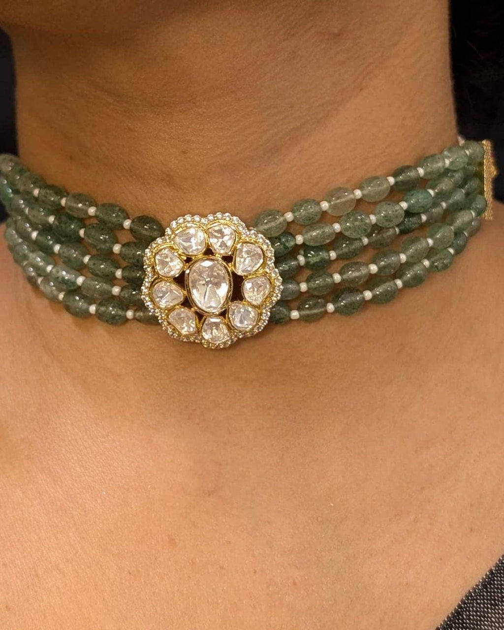 Premium Quality Moissanite Green Kundan Choker Set/Indian Choker Set/Onyx beads Moissanite Polki Indian Necklace Set