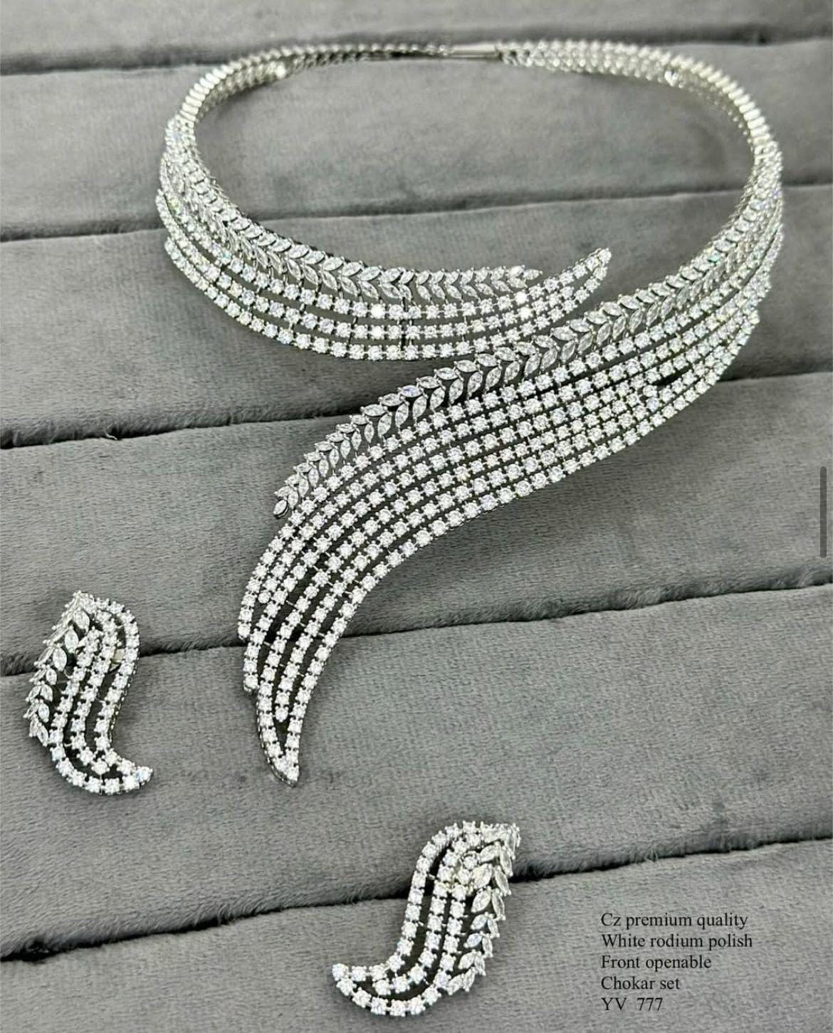 american diamond statement necklace set with earrings/ diamond statement necklace set