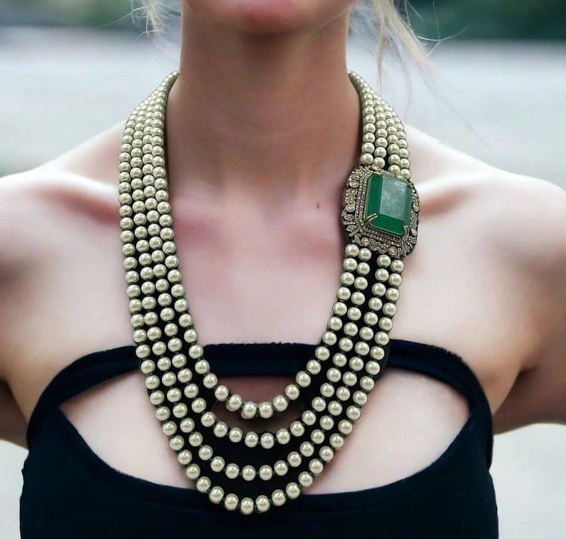 Long Victorian Layered Pearl Emerald Green Doublet Necklace With Statement Stud Earrings,long Indian Necklace sabyasachi Set