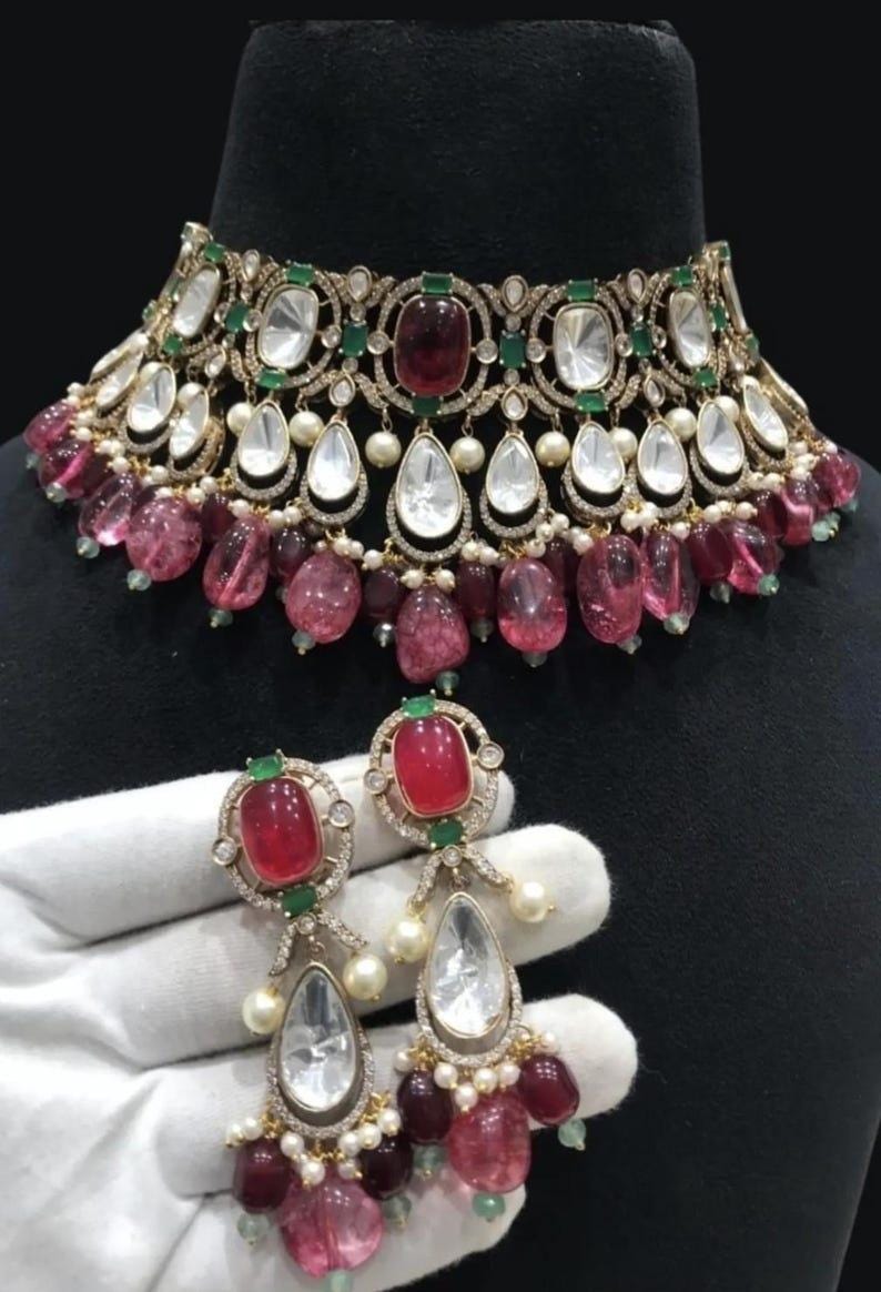 Sabyasachi Inspired Moissanite Necklace Set/Indian Bridal Necklace Set Green/Bollywood Jewelry/Ambani Wedding/Ruby Green Kundan Set
