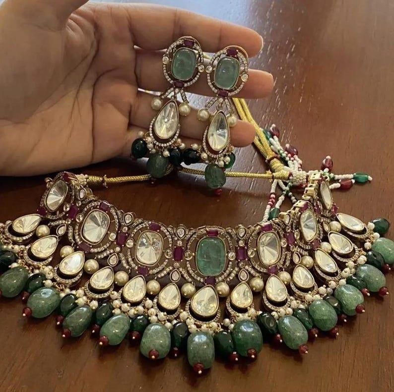 Sabyasachi Inspired Moissanite Necklace Set/Indian Bridal Necklace Set Green/Bollywood Jewelry/Ambani Wedding/Ruby Green Kundan Set