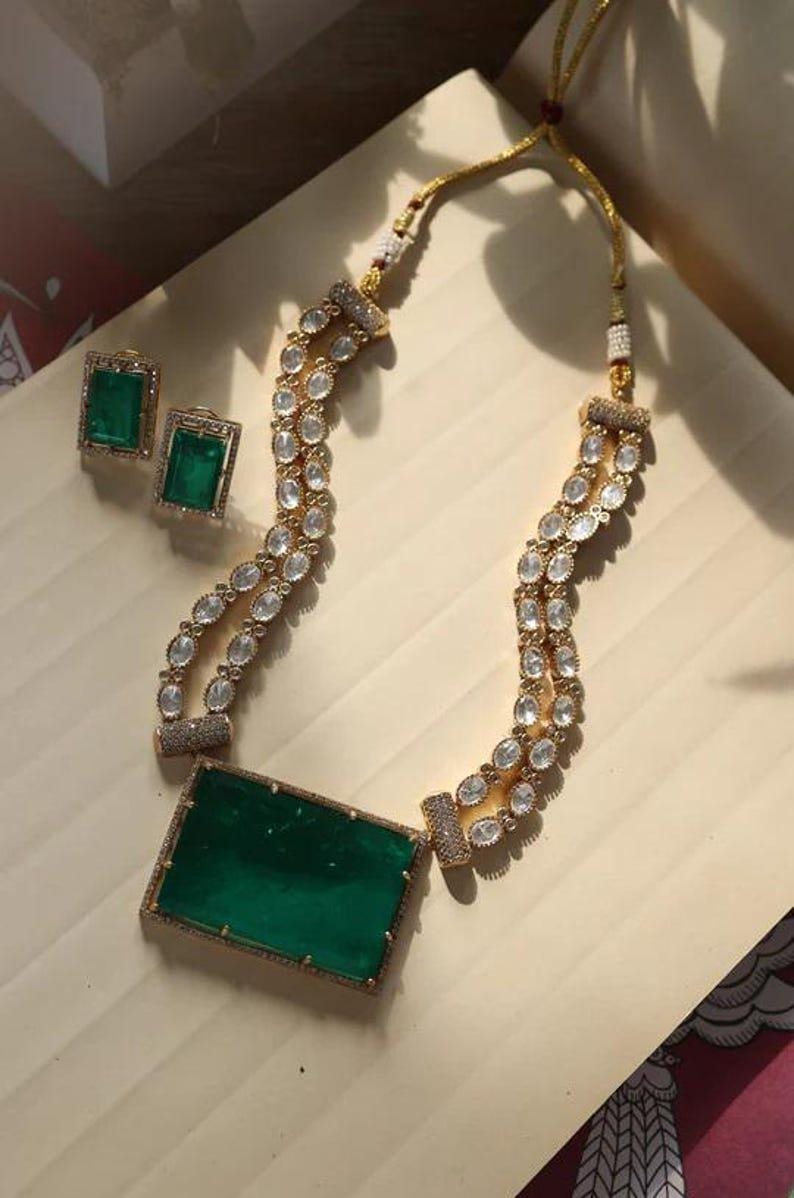 Emerald Green Ruby Polki Necklace Set Gold Plated Indian Wedding Necklace Sabyasachi inspired earrings necklace set