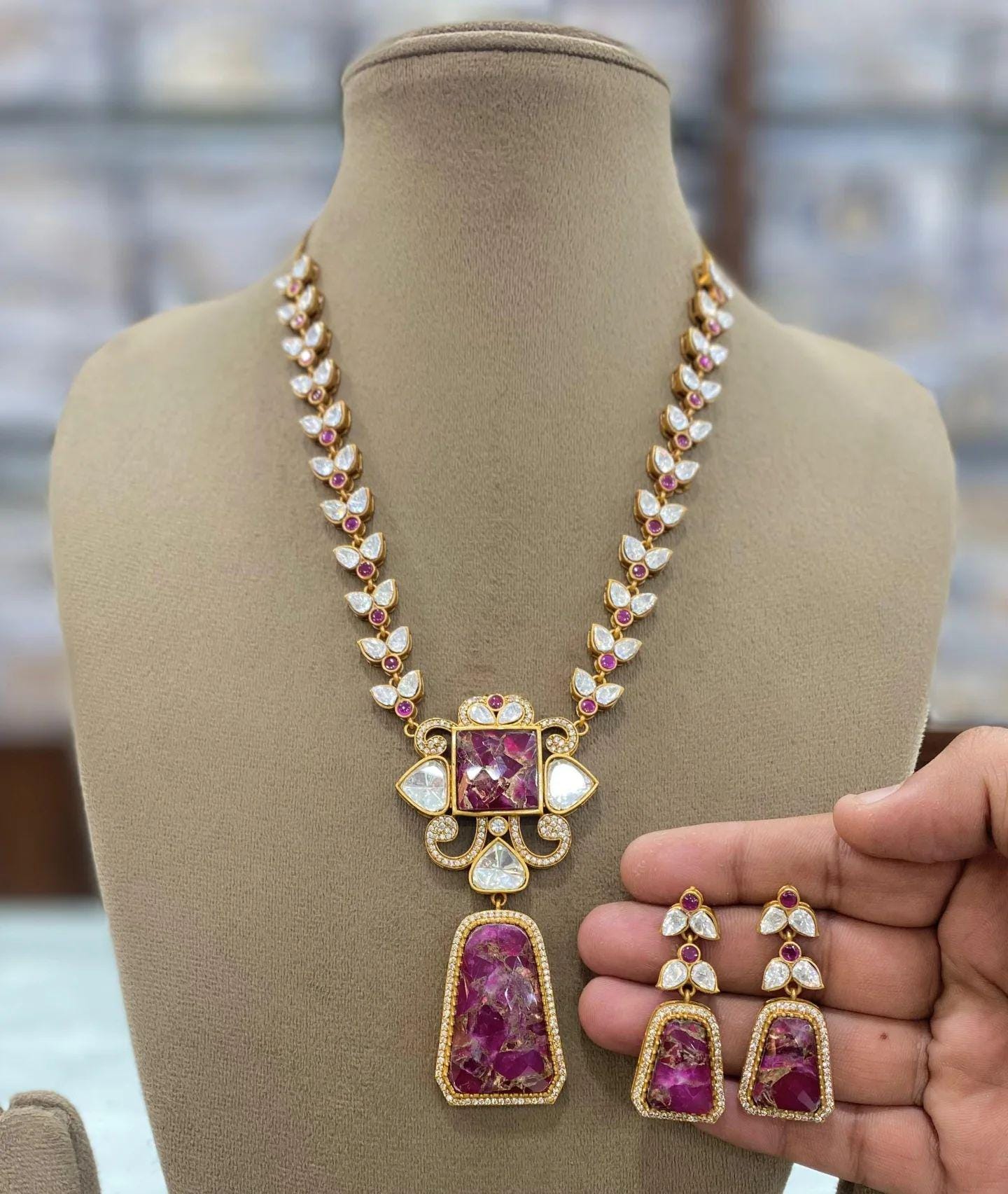 mossinte long necklace ad jewellery american diamond necklace Sabyasachi jewellery