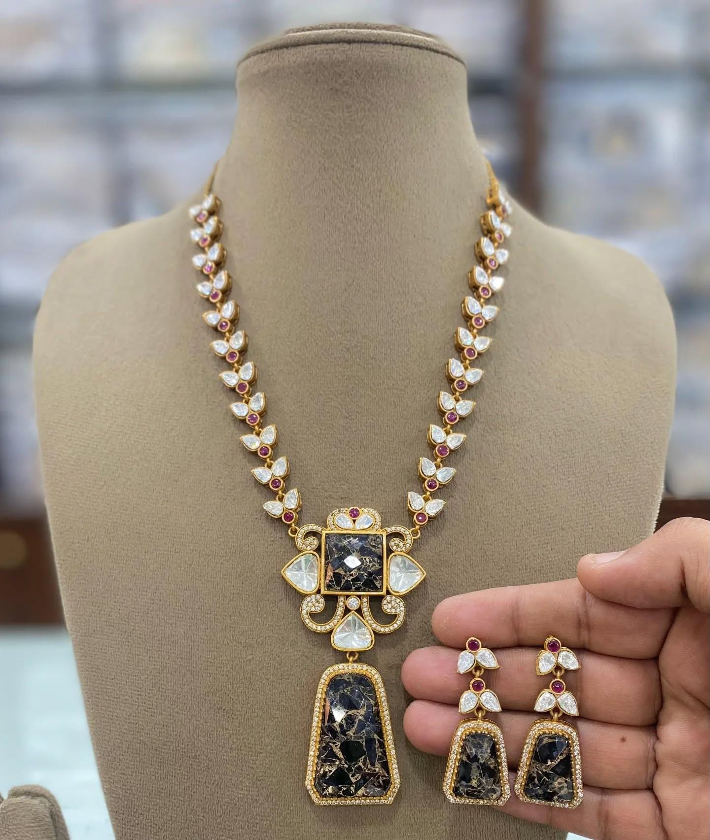 mossinte long necklace ad jewellery american diamond necklace Sabyasachi jewellery