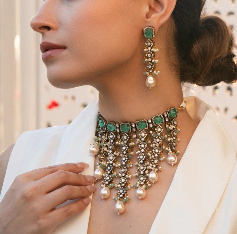 Polki Kundan Pearl Choker, Sabyasachi Designer necklace, Bollywood, Indian set mint victorian  Jewelry for Wedding,bridal jewelry