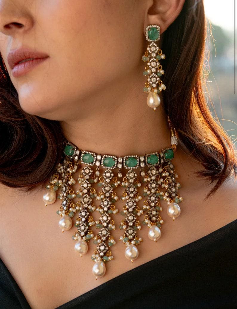 Polki Kundan Pearl Choker, Sabyasachi Designer necklace, Bollywood, Indian set mint victorian  Jewelry for Wedding,bridal jewelry