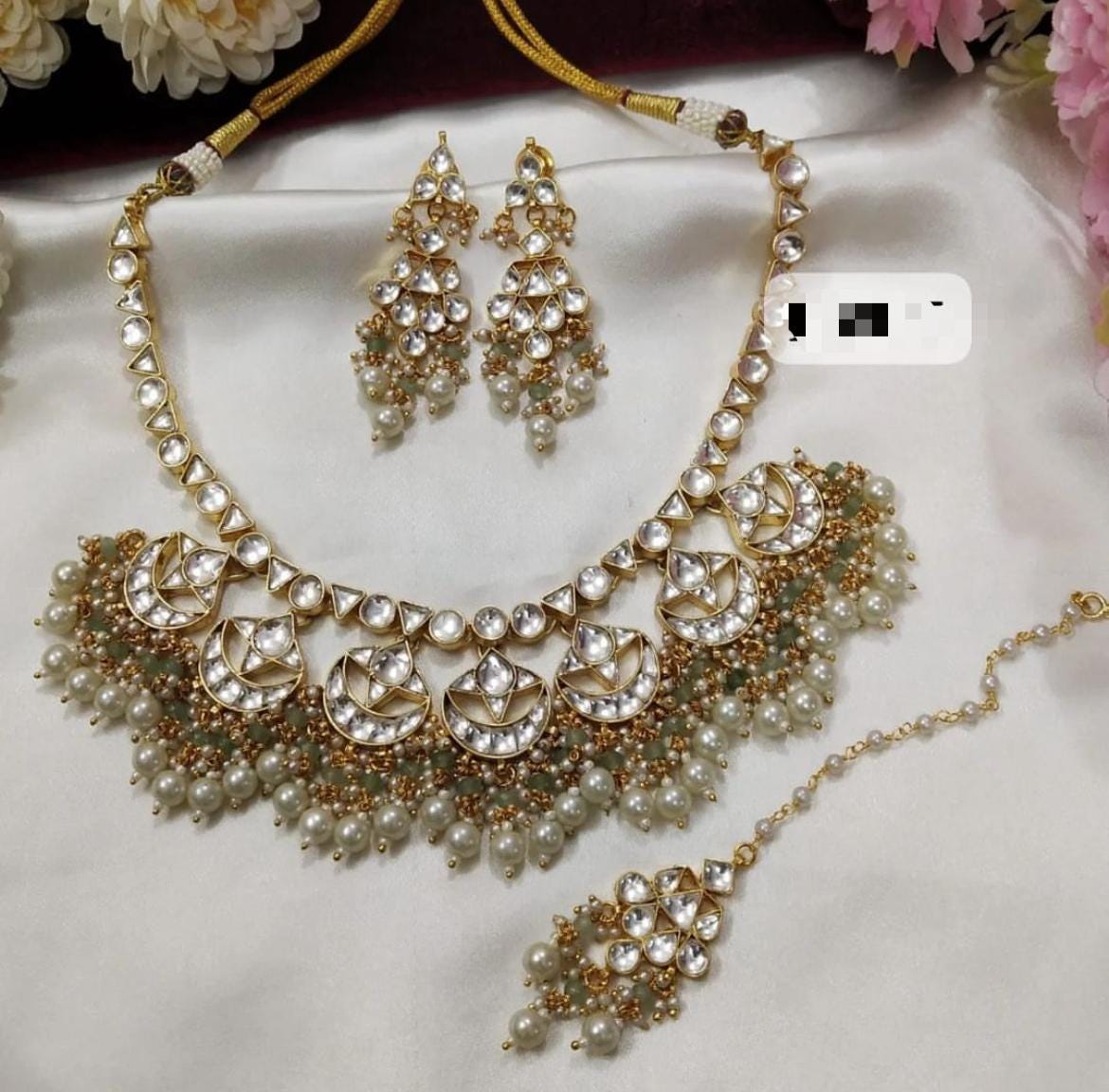 pachi kundan necklace set with earrings and tikka/ pachi kundan jewellery set