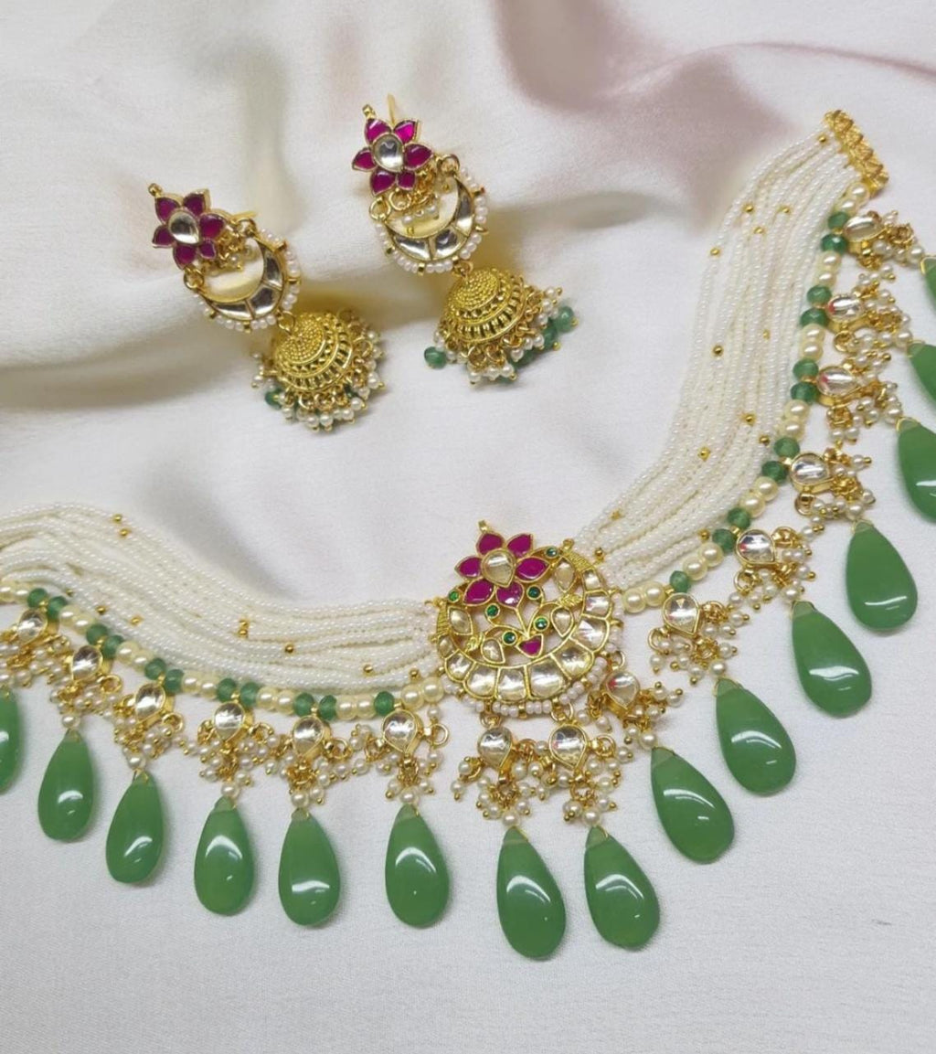 pachi kundan necklace set with earrings and tikka/ pachi kundan jewellery set