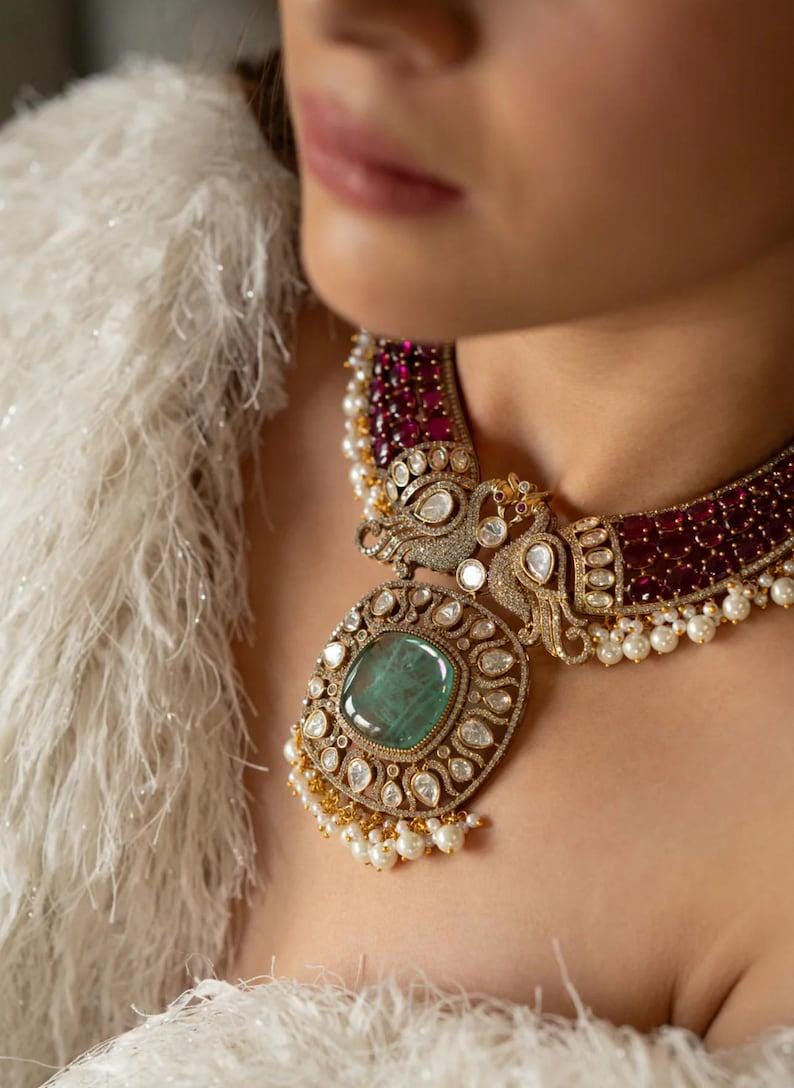 statment jewellery Peacock  Victorian Ruby Pink Light Emerald Green Mint SabyasachiJewelry Necklace With Earrings Wedding Punjabi Jewelr