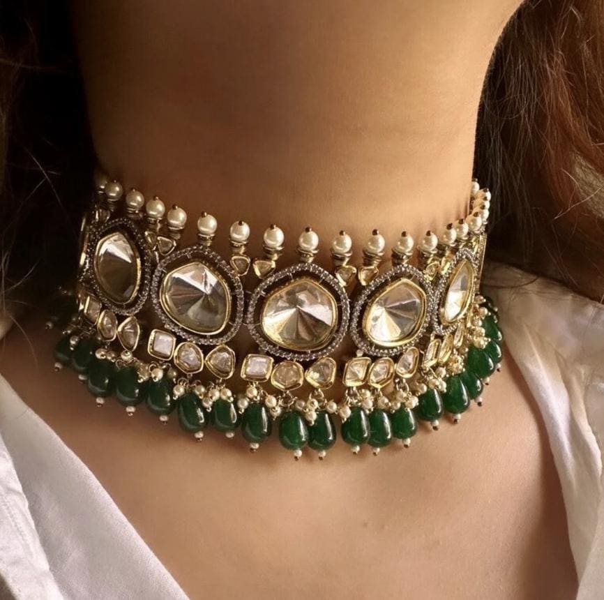 Sabyasachi Inspired  Peal Victorian Uncut Polki Kundan Choker Set/ Artificial Jewelry/Indian Jewelry/Indian Bridal Set/ Green Red White